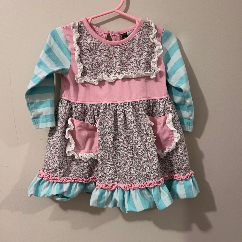 Banana Split Girls Dress Floral Ruffle‎ Pockets Long Sleeve Pink Blue 12M